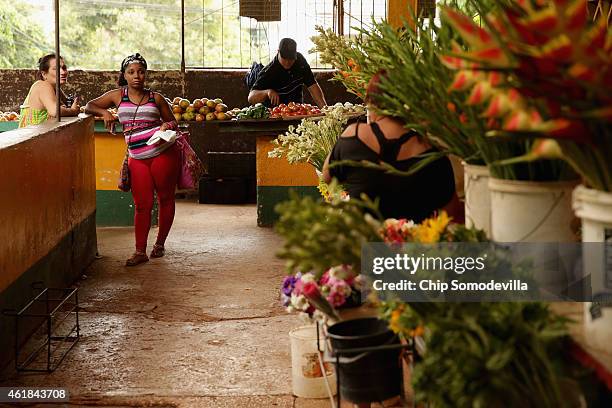 Cubans shop at the Mercado Agropecuario in the Vedado neighborhood of Havana January 20, 2015 in Havana, Cuba. Independent vendors set up shop in the...