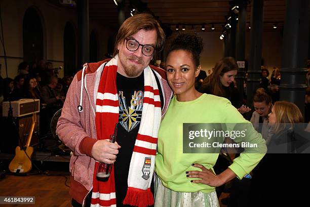 Nils Bokelberg and Milka Loff Fernandes attend the Marcel Ostertag show at Magazin at Heeresbaeckerei on January 20, 2015 in Berlin, Germany.