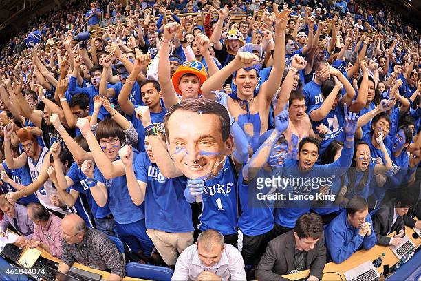 Cameron Crazies and fans of the Duke Blue Devils cheer prior to a game against the Pittsburgh Panthers at Cameron Indoor Stadium on January 19, 2015...