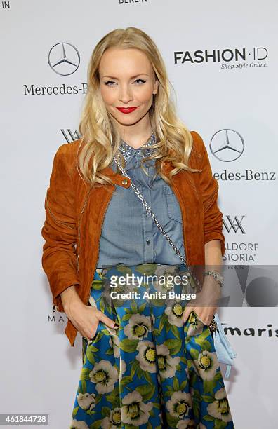 Janin Reinhardt attends the Marc Cain show during the Mercedes-Benz Fashion Week Berlin Autumn/Winter 2015/16 at Brandenburg Gate on January 20, 2015...