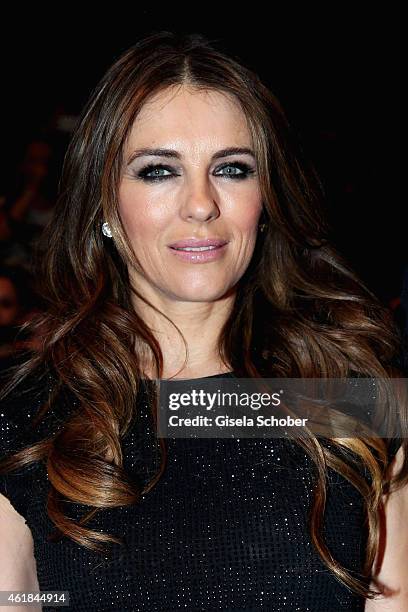 Elizabeth Hurley attends the Marc Cain show during the Mercedes-Benz Fashion Week Berlin Autumn/Winter 2015/16 at Brandenburg Gate on January 20,...