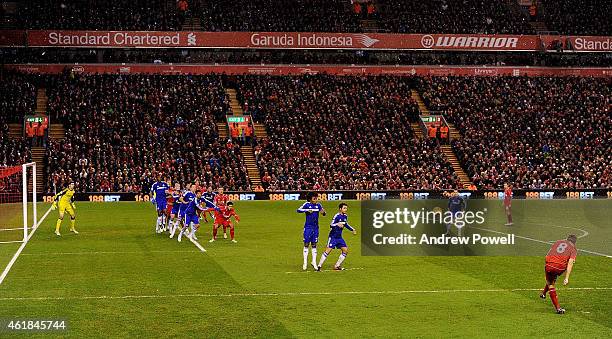 Steven Gerrard of Liverpool takes a free-kick during the Capital One Cup Semi-Final First Leg between Liverpool and Chelsea at Anfield on January 20,...