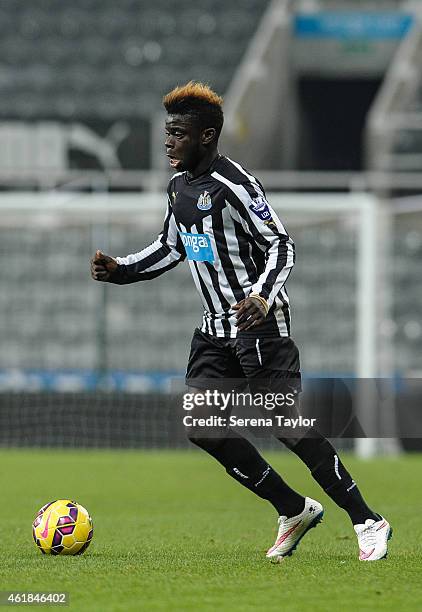 Olivier Kemen of Newcastle controls the ball during for the U21 Premier League Cup Quarter Final match between Newcastle United and Blackburn Rovers...