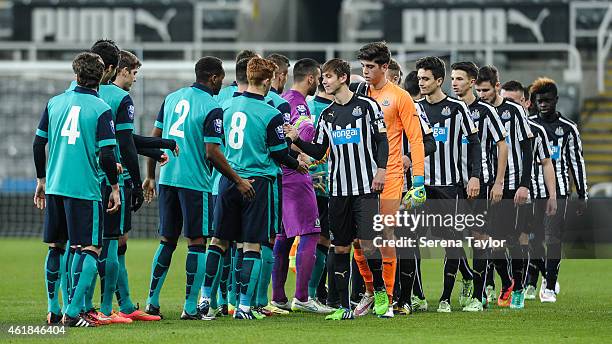 Newcastle and Blackburn Players line up in preparation for the U21 Premier League Cup Quarter Final match between Newcastle United and Blackburn...