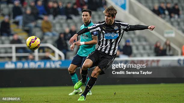 Liam Smith of Newcastle strikes the ball during for the U21 Premier League Cup Quarter Final match between Newcastle United and Blackburn Rovers at...