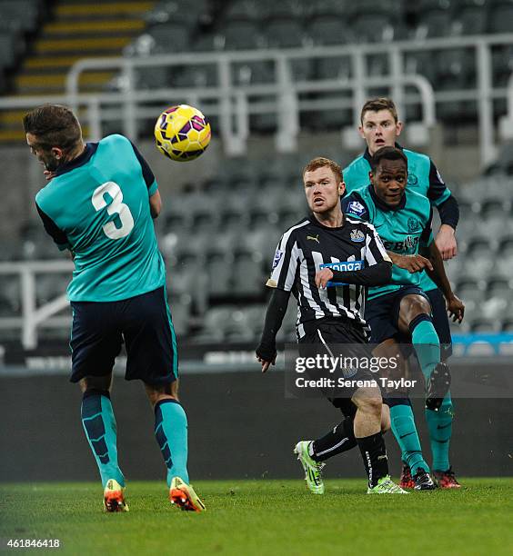 Blackburns Ryan Nyambe kicks the ball away whilst being challenged by Adam Campbell of Newcastle during for the U21 Premier League Cup Quarter Final...