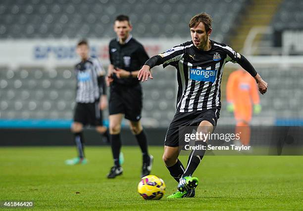 Liam Smith of Newcastle controls the ball during for the U21 Premier League Cup Quarter Final match between Newcastle United and Blackburn Rovers at...