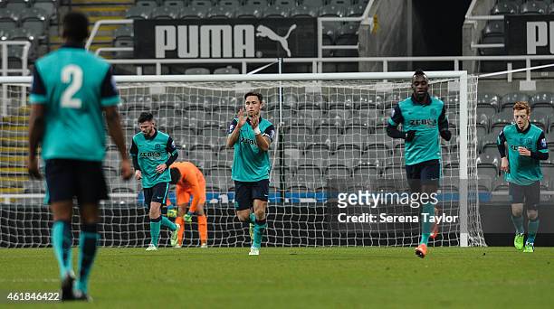 Blackburn Rovers players celebrate after scoring the opening goal during the U21 Premier League Cup Quarter Final match between Newcastle United and...