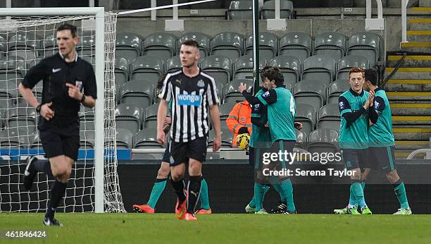 Olivier Kemen of Newcastle is controls the ball whilst being challenged by Blackburn Rovers Bradley Bauress during the U21 Premier League Cup Quarter...