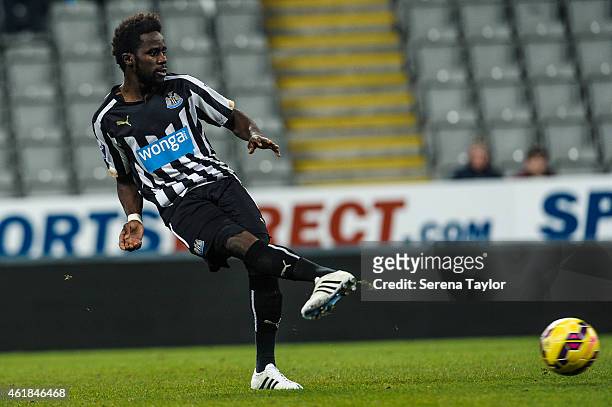 Gael Bigirimana of Newcastle kicks the ball during for the U21 Premier League Cup Quarter Final match between Newcastle United and Blackburn Rovers...