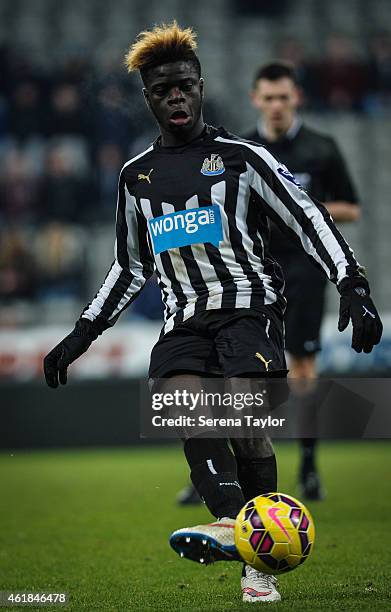 Olivier Kemen of Newcastle passes the ball during for the U21 Premier League Cup Quarter Final match between Newcastle United and Blackburn Rovers at...