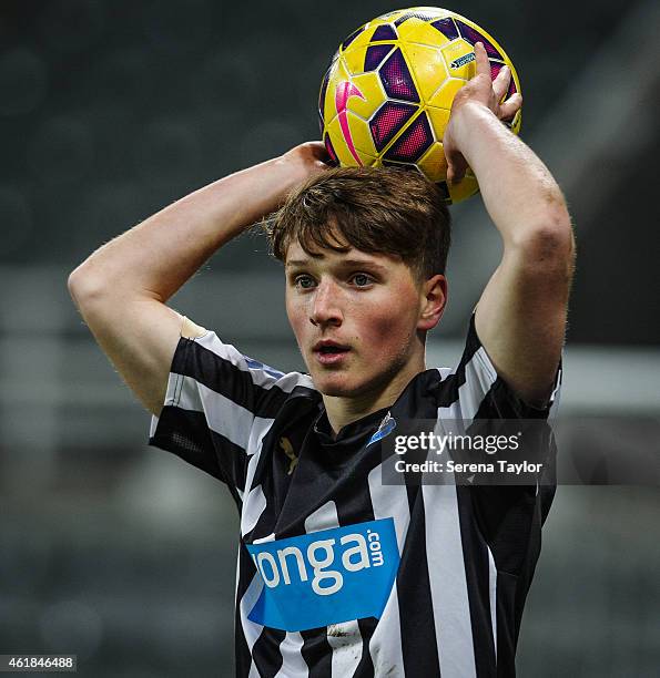 Stefan Broccoli of Newcastle looks to throw the ball into play during for the U21 Premier League Cup Quarter Final match between Newcastle United and...