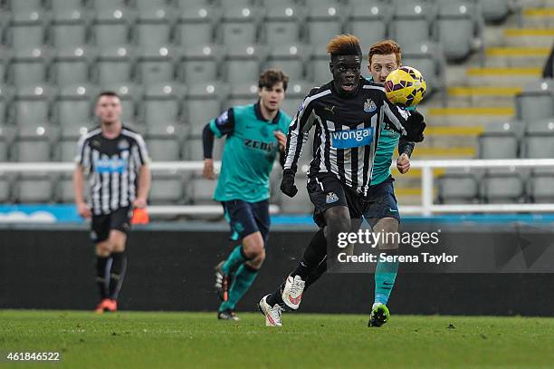 Olivier Kemen of Newcastle runs towards the ball during for the U21 Premier League Cup Quarter Final match between Newcastle United and Blackburn...