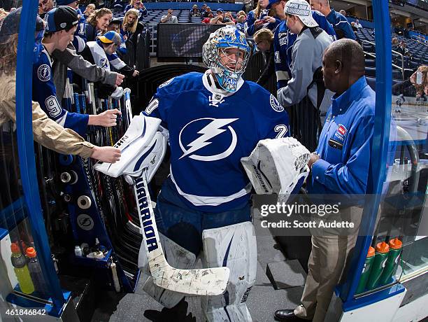 Goalie Evgeni Nabokov of the Tampa Bay Lightning is greeted by fans as he steps on to the ice for the pregame warm ups prior to the game against the...