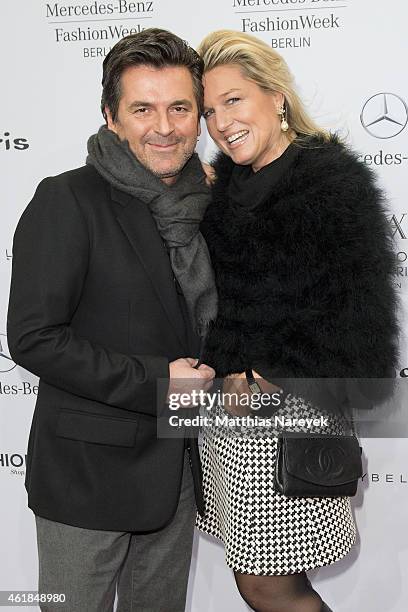 Thomas Anders and his wife Claudia attend the Riani show during the Mercedes-Benz Fashion Week Berlin Autumn/Winter 2015/16 at Brandenburg Gate on...