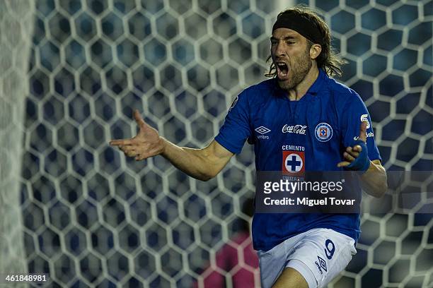 Mariano Pavone celebrates after scoring a goal during a match between Cruz Azul and Santos Laguna as part of the Clausura 2014 Liga MX at Azul...