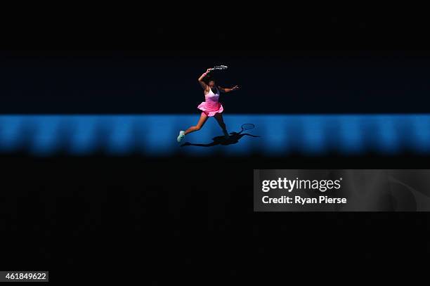 Roberta Vinci of Italy plays a backhand in her second round match against Ekaterina Makarova of Russia during day three of the 2015 Australian Open...