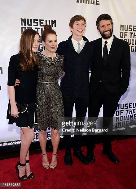 Liv Freundlich, Julianne Moore, Caleb Freundlich and Bart Freundlich attend the Museum of The Moving Image honors Julianne Moore at 583 Park Avenue...