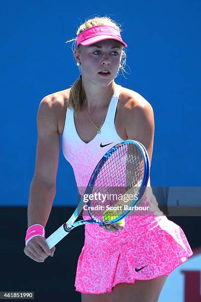 Carina Witthoeft of Germany serves in her second round match against Christina McHale of the United States during day three of the 2015 Australian...