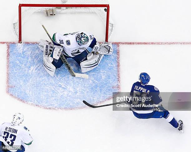 Valtteri Filppula of the Tampa Bay Lightning shoots the puck over the shoulder of goalie Ryan Miller of the Vancouver Canucks for a goal during the...