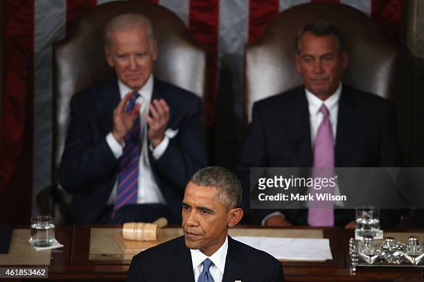 President Barack Obama delivers the State of the Union speech before members of Congress in the House chamber of the U.S. Capitol January 20, 2015 in...