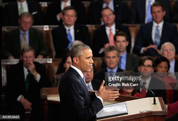 President Barack Obama delivers his State of the Union speech before members of Congress in the House chamber of the U.S. Capitol January 20, 2015 in...