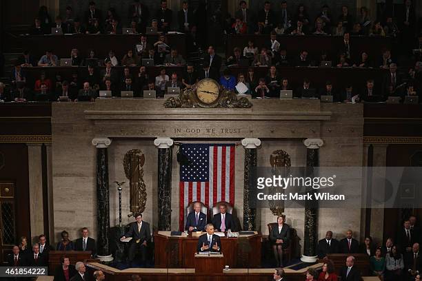 President Barack Obama delivers his State of the Union speech before members of Congress in the House chamber of the U.S. Capitol January 20, 2015 in...