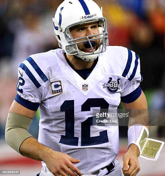 Andrew Luck of the Indianapolis Colts reacts after a play against the New England Patriots during the AFC Divisional Playoff game at Gillette Stadium...