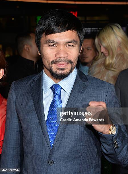 Boxer Manny Pacquiao arrives at the Los Angeles premiere of "Manny" at the TCL Chinese Theatre on January 20, 2015 in Hollywood, California.