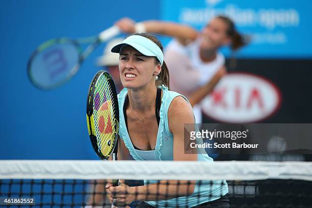Martina Hingis of Switzerland and Flavia Pennetta of Italy in action in their first round doubles match against Belinda Bencic of Switzerland and...