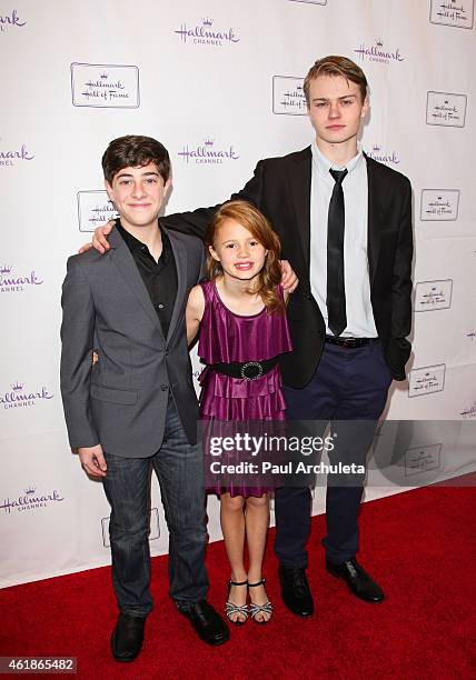 Actors Jaren Lewison, Maggie Elizabeth and Connor Paton attend the red carpet premiere of "Away & Back" at iPic Westwood on January 20, 2015 in...