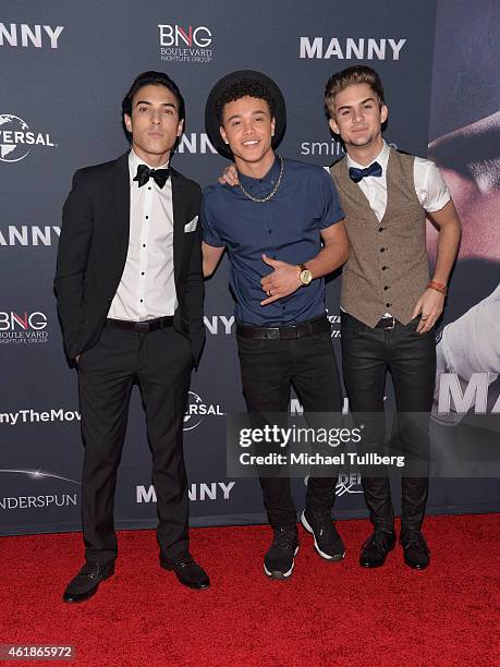 Gabe Morales, Dana Vaughns and Cole Pendery of music group IM5 attend the premiere of the new film "Manny" at TCL Chinese Theatre on January 20, 2015...