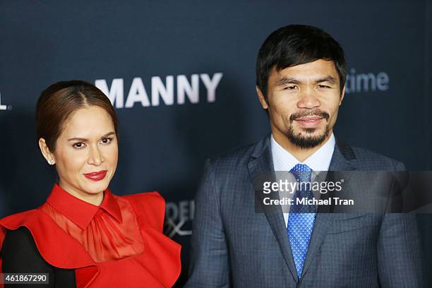 Manny Pacquiao and wife, Maria Geraldine Jamora arrive at the Los Angeles premiere of "Manny" held at TCL Chinese Theatre on January 20, 2015 in...