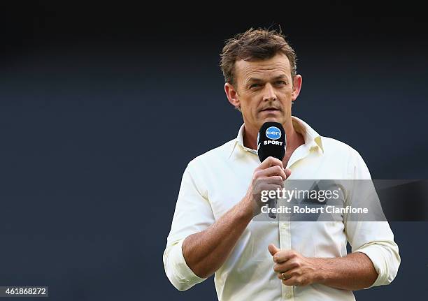 Adam Gilchrist commentates prior to the Big Bash League match between the Melbourne Stars and Perth Scorchers at Melbourne Cricket Ground on January...