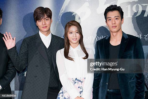 South Korean actors Lee Min-Ho, Seol Hyun of girl group AOA and Kim Rae-Won attend the VIP screening of "Gangnam Blues" at COEX Mega Box on January...