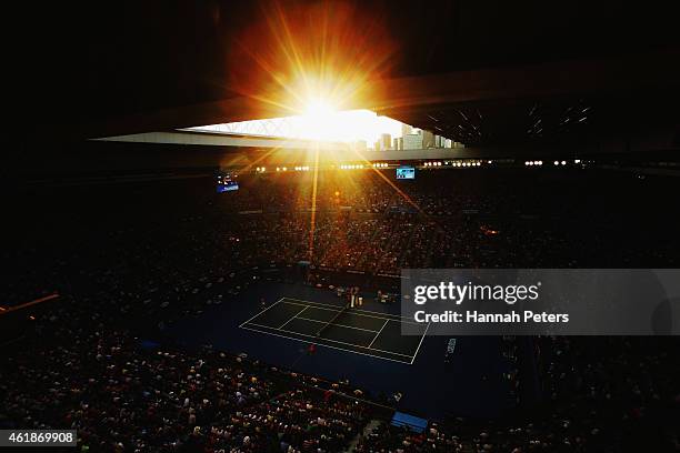 The sun sets as Rafael Nadal of Spain plays his second round match against Tim Smyczek of USA during day three of the 2015 Australian Open at...