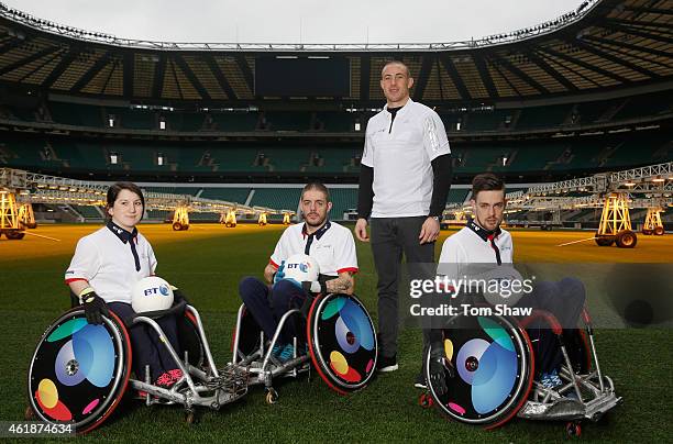 Player Coral Batey, BT GB Wheelchair Rugby Team Captain Mike Kerr, GBWR ambassador Mike Brown of England and Harlequins and Vice-Captain Chris Ryan...