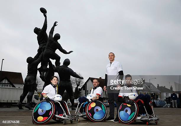 Player Coral Batey, BT GB Wheelchair Rugby Team Captain Mike Kerr, GBWR ambassador Mike Brown of England and Harlequins and Vice-Captain Chris Ryan...
