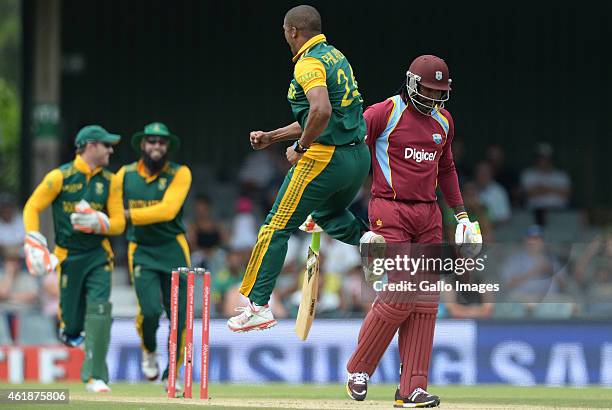 Vernon Philander of South Africa celebrates the wicket of Chris Gayle for 1 run during the 3rd Momentum ODI between South Africa and West Indies at...