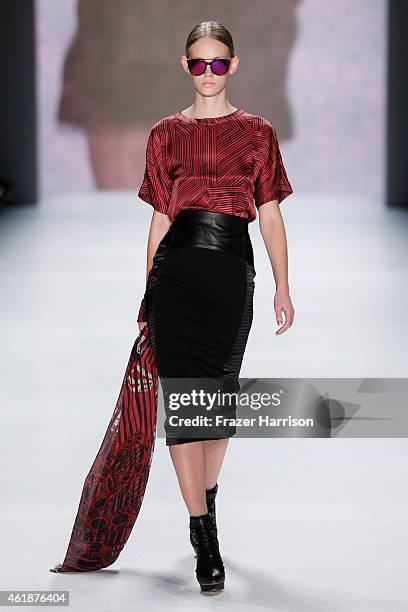 Model walks the runway at the Glaw show during the Mercedes-Benz Fashion Week Berlin Autumn/Winter 2015/16 at Brandenburg Gate on January 21, 2015 in...