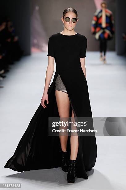 Model walks the runway at the Glaw show during the Mercedes-Benz Fashion Week Berlin Autumn/Winter 2015/16 at Brandenburg Gate on January 21, 2015 in...