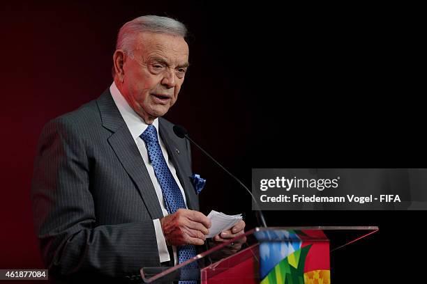 President Jose Maria Marin attends the media briefing for forthcoming FIFA Women's World Cup 2015 in Canada at Federacao Paulista de Futebol on...