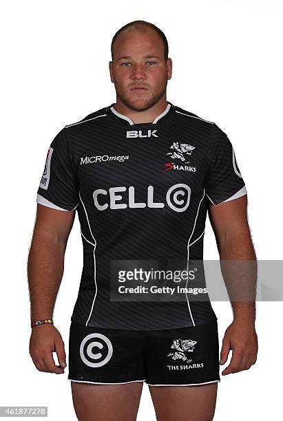 Kyle Cooper of the Natal Sharks poses during a Sharks Super Rugby headshots session on January 20, 2015 in Durban, South Africa.