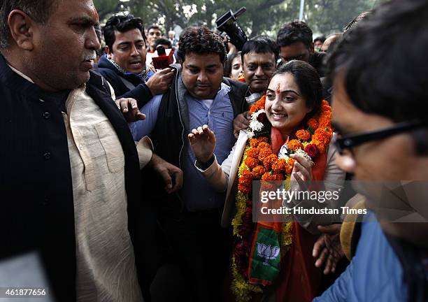 Candidate from New Delhi Constituency Nupur Sharma after filing her nomination paper for Delhi Assembly election at Jam Nagar House on January 21,...