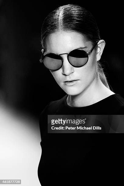 Model walks the runway at the Glaw show during the Mercedes-Benz Fashion Week Berlin Autumn/Winter 2015/16 at Brandenburg Gate on January 21, 2015 in...