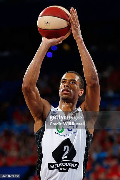 Stephen Dennis of United takes a free throw during the round 15 NBL match between the Perth Wildcats and Melbourne United at Perth Arena on January...