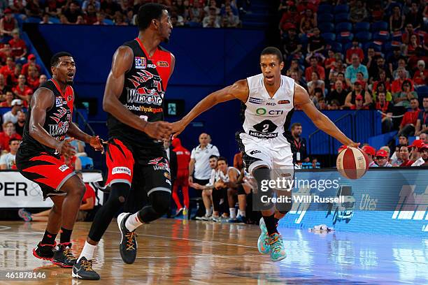 Stephen Dennis of United brings the ball up the court during the round 15 NBL match between the Perth Wildcats and Melbourne United at Perth Arena on...