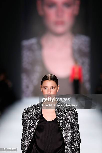 Model walks the runway at the Glaw show during the Mercedes-Benz Fashion Week Berlin Autumn/Winter 2015/16 at Brandenburg Gate on January 21, 2015 in...