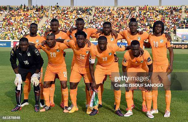 Ivory Coast's squad defender Serge Aurier, forward Salomon Kalou, defender Serge Wilfried Kanon, defender Kolo Toure, defender Eric Bailly, forward...