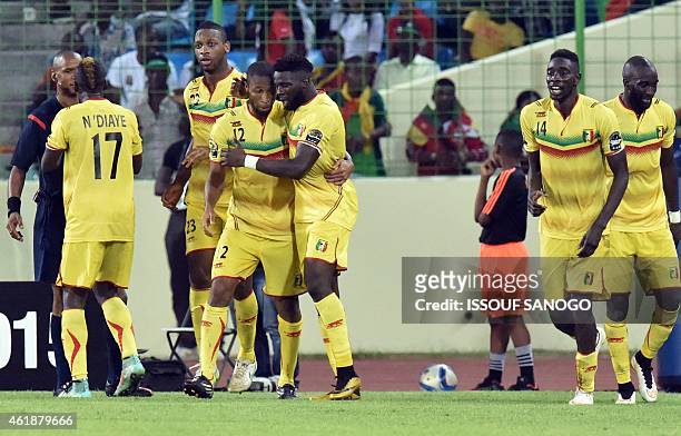 Mali's players celebrate after scoring a goal during the 2015 African Cup of Nations group D football match between Mali and Cameroon in Malabo on...